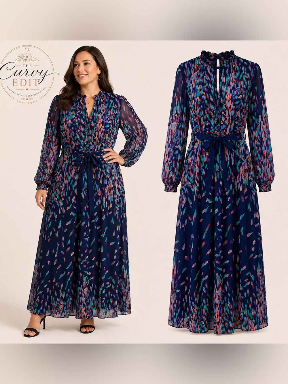 Fashion Nova 2X Navy Multicolor Abstract Print Belted Maxi Dress Elegant Chic